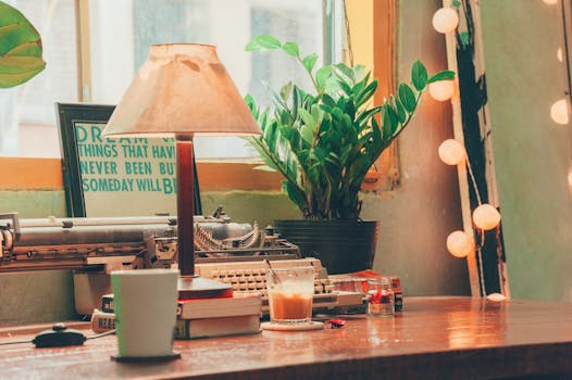 a cozy study space with plants and motivational quotes